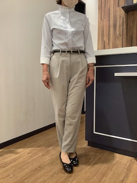 「TOKYO SHIRTS（トウキョウシャツ）のCOFREX スタンドフリル クレリック ひねりピンタック ブラウス 七分袖 レディースデザインシャツ（シャツ/ブラウス、ブルー系）」を使った、BRICK HOUSE by Tokyo Shirts 浜松市野イオンモール店さん（レディース・155cm）の夏コーディネート