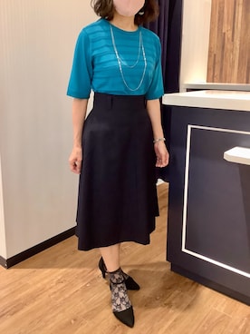 「TOKYO SHIRTS（トウキョウシャツ）の前身タックボーダー クルーネックプルオーバーニット 五分袖 レディース（ニット/セーター、ブルー系）」を使った、BRICK HOUSE by Tokyo Shirts 浜松市野イオンモール店さん（レディース・155cm）の夏コーディネート