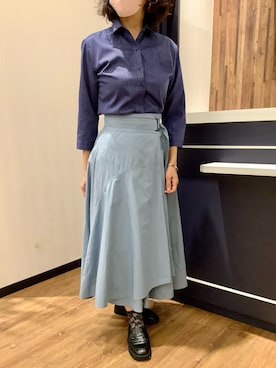 「TOKYO SHIRTS（トウキョウシャツ）の【超形態安定】 形態安定ノンアイロン ワイド 7分袖ビジネスワイシャツ（ビジネスシャツ、ブルー系）」を使った、BRICK HOUSE by Tokyo Shirts 浜松市野イオンモール店さん（レディース・155cm）の夏コーディネート
