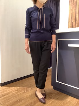 「TOKYO SHIRTS（トウキョウシャツ）のニット 配色ボウタイ プルオーバー 長袖 レディース（ニット/セーター、ブルー系）」を使った、BRICK HOUSE by Tokyo Shirts 浜松市野イオンモール店さん（レディース・155cm）の秋コーディネート