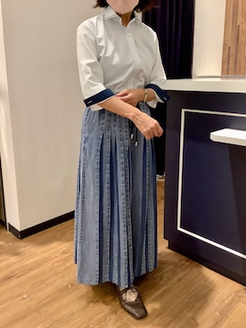 「TOKYO SHIRTS（トウキョウシャツ）の【透け防止】 形態安定ノンアイロン ワイド 7分袖ビジネスワイシャツ（ビジネスシャツ、グリーン系）」を使った、BRICK HOUSE by Tokyo Shirts 浜松市野イオンモール店さん（レディース・155cm）の夏コーディネート