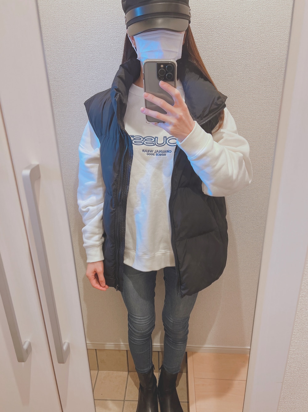 「秋コーデ、秋服、おしゃれさんと繋がりたい、デニム、いいね、save、フォローお願いします🤑、GU、moussy」｜「GUのアイテム（ブーツ、ブラック系）」を使った、toooyamaaさん（レディース・156cm）の秋コーディネートの1枚目の写真