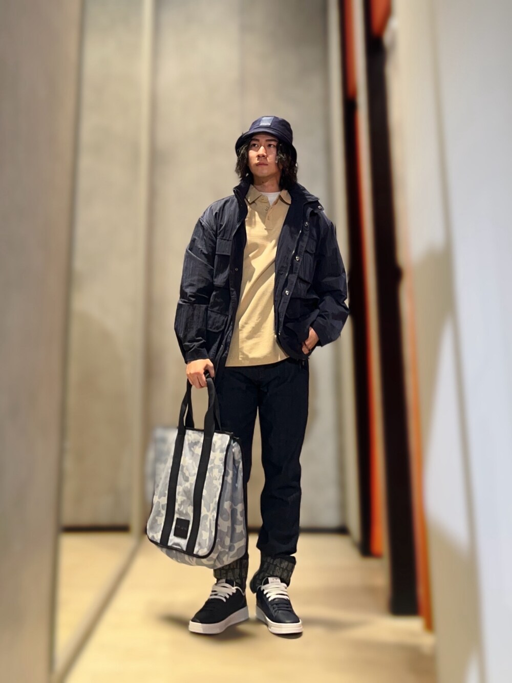 極美品✨ ジョルジオアルマーニ ナイロンジャケット ラムレザーパイピング 紺色 ARMANI EXCHANGE（アルマーニエクスチェンジ）の「【A|X アルマーニ