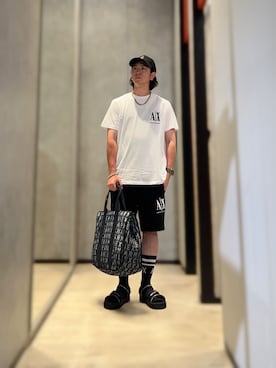 「ARMANI EXCHANGE（アルマーニエクスチェンジ）のアイテム（トートバッグ）」を使った、YUUさん（メンズ・174cm）の夏コーディネート