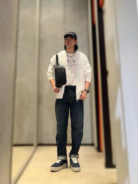 「ARMANI EXCHANGE（アルマーニエクスチェンジ）のアイテム（キャップ、ブルー系）」を使った、YUUさん（メンズ・174cm）の夏コーディネート
