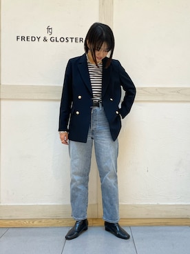 「fredy emue（フレディエミュ）のダブルブレストジャケット（テーラードジャケット）」を使った、yoshimiさん（レディース・163cm）の冬コーディネート