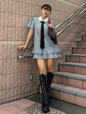 「jouetie（ジュエティ）のリボンタイヘムフリルチュニックシャツ（シャツワンピース）」を使った、HIKARU さん（レディース・161cm）の夏コーディネート
