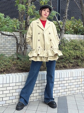 「jouetie（ジュエティ）のヘムフリルトレンチミニワンピース 春服　赤チェック　ベージュ　グレー（ワンピース、ベージュ系）」を使った、HIKARU さん（レディース・161cm）の春コーディネート