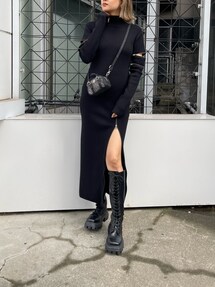 EVRIS ダブルZIPニットロングワンピース ネイビー リップサービス LIP SERVICE フロントZIPバイカラーニット