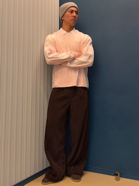 「adidas（アディダス）のベロア長袖ポロシャツ / アディダスオリジナルス adidas Originals（ポロシャツ、ピンク系）」を使った、K）さん（メンズ・176cm）の春コーディネート