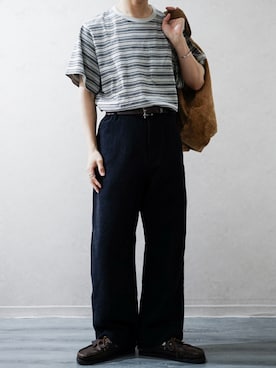 「SUGARHILL（シュガーヒル）のSTRIPE TEE（Tシャツ/カットソー、ブルー系）」を使った、Takiさん（メンズ・169cm）の春コーディネート