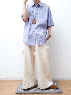 「DIGAWEL（ディガウェル）のS/S Shirt (generic) ④ broadcloth（シャツ/ブラウス、パープル系）」を使った、Takiさん（メンズ・169cm）の夏コーディネート