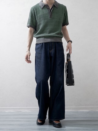 「soerte（ソエルテ）のMULTI COLLAR JACQUARD KNIT POLO/マルチカラージャガードニットポロ（ポロシャツ）」を使った、Takiさん（メンズ・169cm）の夏コーディネート