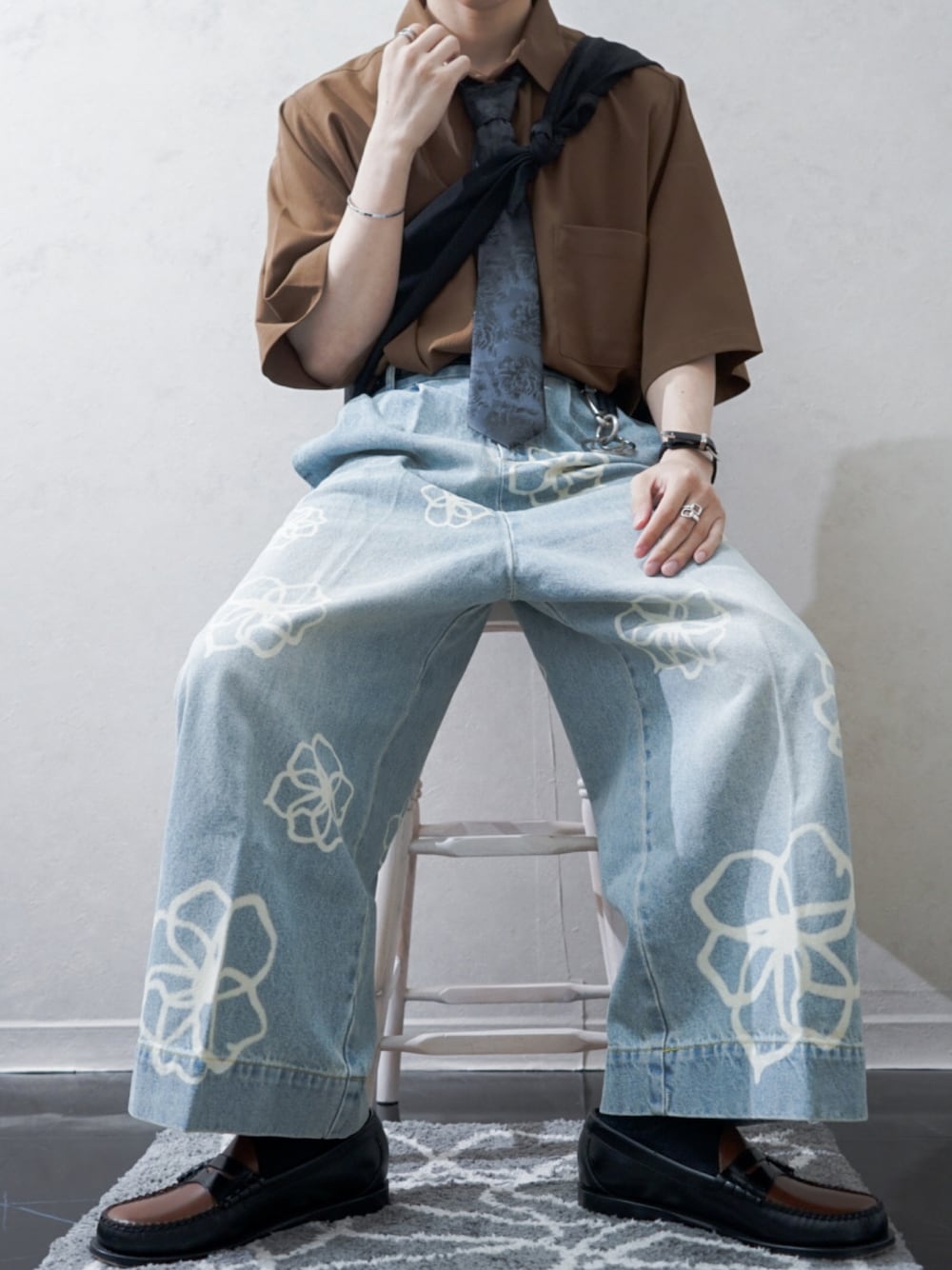 soerte × camphor wood / FLOWER PAINT WIDE BUGGY DENIM