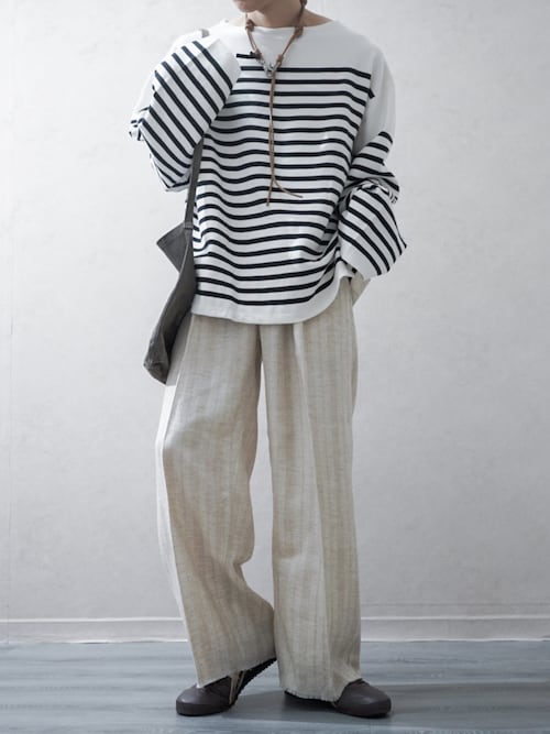 JACQUARD LINEN STRIPE TUCK-BAGGY（その他パンツ）｜saby