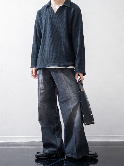 Casper John フレア ワイド ブラックデニム Y2K 裾ジップ 黒