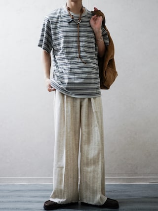 「saby（サバイ）のJACQUARD LINEN STRIPE TUCK-BAGGY（その他パンツ）」を使った、Takiさん（メンズ・169cm）の春コーディネート