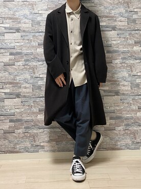 「WYM LIDNM（ウィム バイ リドム）のアイテム（チェスターコート）」を使った、Takiさん（メンズ・169cm）の冬コーディネート