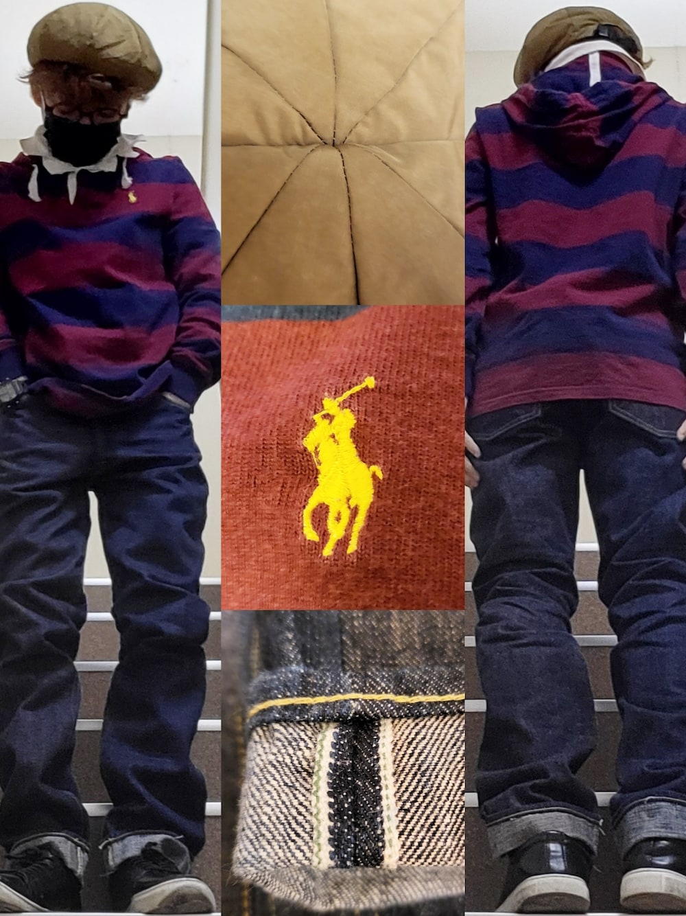 「ナイロンベレー帽、ポロラルフローレン、フード付き、ラガーシャツ、シュガーケーン、クレイジーパターンデニム、ootd、ファッションを楽しもう」｜「SUGAR CANEのアイテム（デニムパンツ、ブルー系）」を使った、19nocchi75 さん（レディース・148cm）の春コーディネートの1枚目の写真