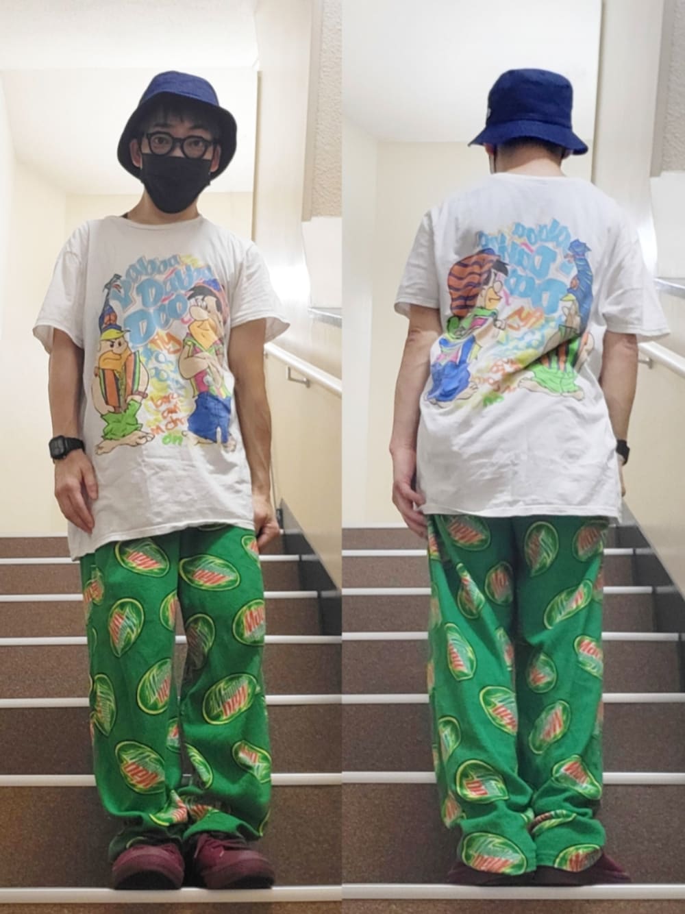「ootd、リラックススタイル、低身長、古着、両面プリントT、パジャマパンツ、Champion」｜「古着のアイテム（Tシャツ/カットソー、ホワイト系）」を使った、19nocchi75 さん（レディース・148cm）の春コーディネートの1枚目の写真