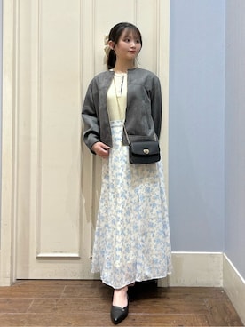 「grove（グローブ）のスエードライク ノーカラーブルゾン（ノーカラージャケット、グレー系）」を使った、えぬさん（レディース・150cm）の春コーディネート