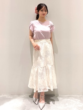 「index（インデックス）の【接触冷感／UVケア】ハートネックレースレイヤードトップス《洗濯機OK／6col》（Tシャツ/カットソー、ピンク系）」を使った、えぬさん（レディース・150cm）の夏コーディネート