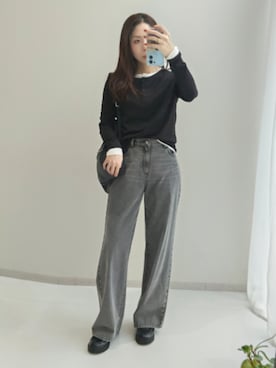 「nissen（ニッセン）の高身長　デニムワイドストレートパンツ（股下84cm)　丈長め・トールサイズ　Essenave（パンツ、ブラック系）」を使った、reiさん（レディース・173cm）の秋コーディネート