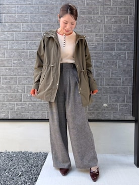 「nissen（ニッセン）の高身長　グレンチェックタックワイドパンツ（トールサイズ）Essenave（パンツ、ブラック系）」を使った、reiさん（レディース・173cm）の秋コーディネート