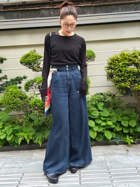 「slattgir（スラットジール）の高身長　ハイウエストタックデニムワイドパンツ　丈長め・トールサイズ　fifiean（デニムパンツ、ブルー系）」を使った、reiさん（レディース・173cm）の春コーディネート
