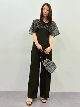 「nissen（ニッセン）の高身長【結婚式・パーティー・オケージョンドレス】チュール刺しゅうデザインスリーブオールインワン（トールサイズ）（フォーマルスーツ/小物、ブラック系）」を使った、reiさん（レディース・173cm）の夏コーディネート