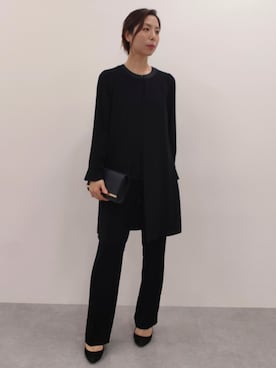 「slattgir（スラットジール）の高身長　【喪服・礼服】　洗えるロング重ね着風ブラウススーツ（ブラウス＋パンツ）(接触冷感・防しわ）　（トールサイズ）（スーツセット、ブラック系）」を使った、reiさん（レディース・173cm）の夏コーディネート