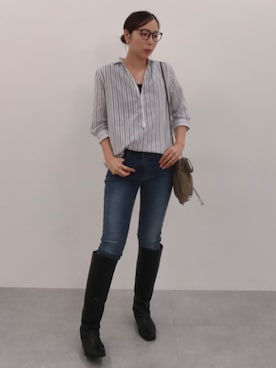 「slattgir（スラットジール）の高身長　ストライプ袖２ＷＡＹチュニックブラウス（トールサイズ）（シャツ/ブラウス、ホワイト系）」を使った、reiさん（レディース・173cm）の秋コーディネート