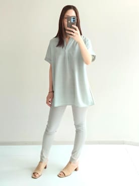 「slattgir（スラットジール）の高身長　麻調スキッパーブラウス（トールサイズ）（シャツ/ブラウス、グリーン系）」を使った、reiさん（レディース・173cm）の夏コーディネート