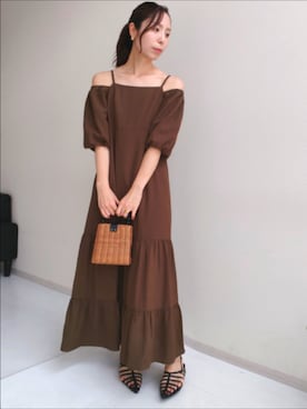 「nissen（ニッセン）の高身長　袖2WAYティアードマキシワンピース（トールサイズ）Essenave（ワンピース、ブラウン系）」を使った、reiさん（レディース・173cm）の夏コーディネート