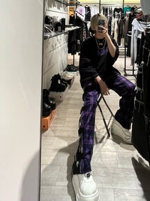 REFLEM 紫と黒のチェックパンツ REFLEM/レフレム』ベルト付きサイドZIPパンツ パープル 美品