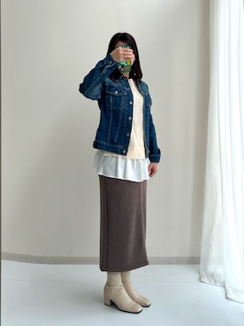 「ケーブルニット」｜「アイテム（デニムジャケット）」を使った、やまこさん（レディース・159cm）の冬コーディネート