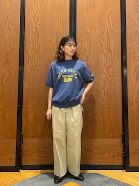 「Champion（チャンピオン）の『別注』CHAMPION×DOORS　SWEAT SHORT-SLEEVE SHIRTS（スウェット、ブルー系）」を使った、YURIEさん（レディース・155cm）の春コーディネート