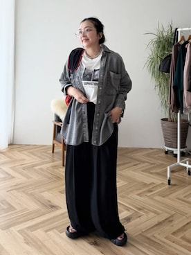 「Green　Parks（グリーンパークス）の【適ON】汗染み防止ボックスロゴTシャツ（Tシャツ/カットソー、ホワイト系）」を使った、Green Parks officialさん（レディース・156cm）の夏コーディネート