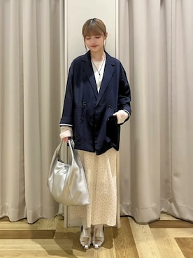 「Green　Parks（グリーンパークス）のオーバーサイズW釦ライトジャケット（テーラードジャケット、ブルー系）」を使った、Green Parks officialさん（レディース・159cm）の春コーディネート