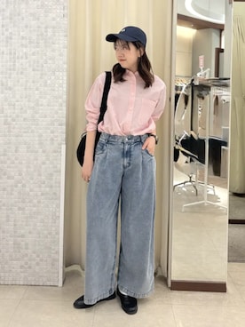 「Green　Parks（グリーンパークス）のドロストワンショルダーバッグ（ショルダーバッグ、ブラック系）」を使った、Green Parks officialさん（レディース・159cm）の春コーディネート