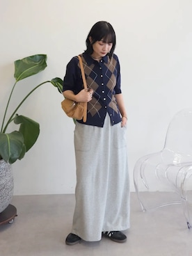 「Green　Parks（グリーンパークス）のIライン裏毛スカート（スカート、グレー系）」を使った、Green Parks officialさん（レディース・156cm）の夏コーディネート