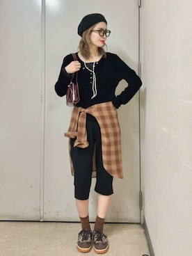 「Green　Parks（グリーンパークス）のオーバーサイズチェックシャツ（シャツ/ブラウス、ブラウン系）」を使った、Green Parks officialさん（レディース・156cm）の夏コーディネート