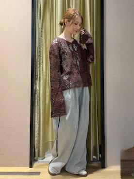 「Green　Parks（グリーンパークス）の配色ラインデニムワイドパンツ（デニムパンツ、ブルー系）」を使った、Green Parks officialさん（レディース・156cm）の夏コーディネート