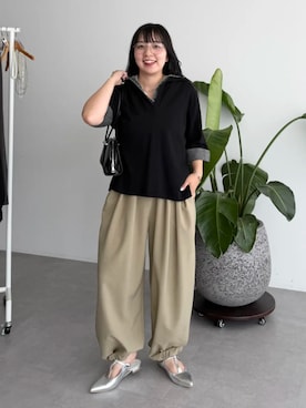 「Green　Parks（グリーンパークス）のバルーンパンツ（その他パンツ、ブラック系）」を使った、Green Parks officialさん（レディース・156cm）の夏コーディネート