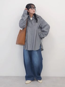「Green　Parks（グリーンパークス）の【WEB限定】ドロストシャーリングウエストタックシャツⅡ（シャツ/ブラウス、グレー系）」を使った、Green Parks officialさん（レディース・156cm）の夏コーディネート