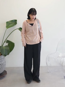 「Green　Parks（グリーンパークス）の麻調合繊ストレートパンツ（その他パンツ、ブラック系）」を使った、Green Parks officialさん（レディース・156cm）の夏コーディネート