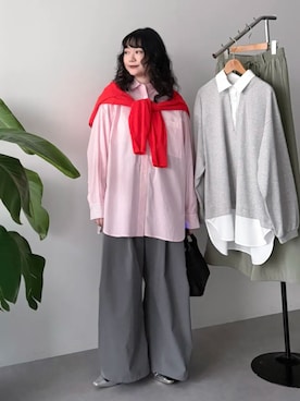 「Green　Parks（グリーンパークス）のウエストフリルワイドコクーンパンツ（その他パンツ、グレー系）」を使った、Green Parks officialさん（レディース・159cm）の春コーディネート