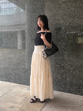 「RANDA（ランダ）のキルティングヒールミュールサンダル（サンダル、ブラック系）」を使った、RANDAさん（レディース・162cm）の夏コーディネート