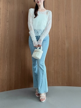 「dazzlin（ダズリン）の2wayシアートップス（Tシャツ/カットソー、ホワイト系）」を使った、hinanoさん（レディース・160cm）の夏コーディネート