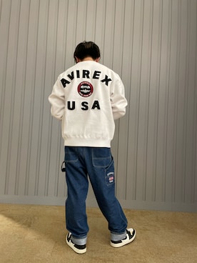 「AVIREX（アヴィレックス）のVARSITY LOGO CREW NECK SWEAT / バーシティ ロゴ クルーネック スウェット / AVIREX / アヴィレックス（Sweatshirt、ホワイト系）」を使った、K.Kazさん（メンズ・170cm）の冬コーディネート